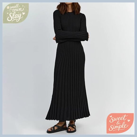 Long Sleeve Ribbed Maxi Dress Bodycon Slim Fit Knit Sweater Dress - Picture 4 of 7